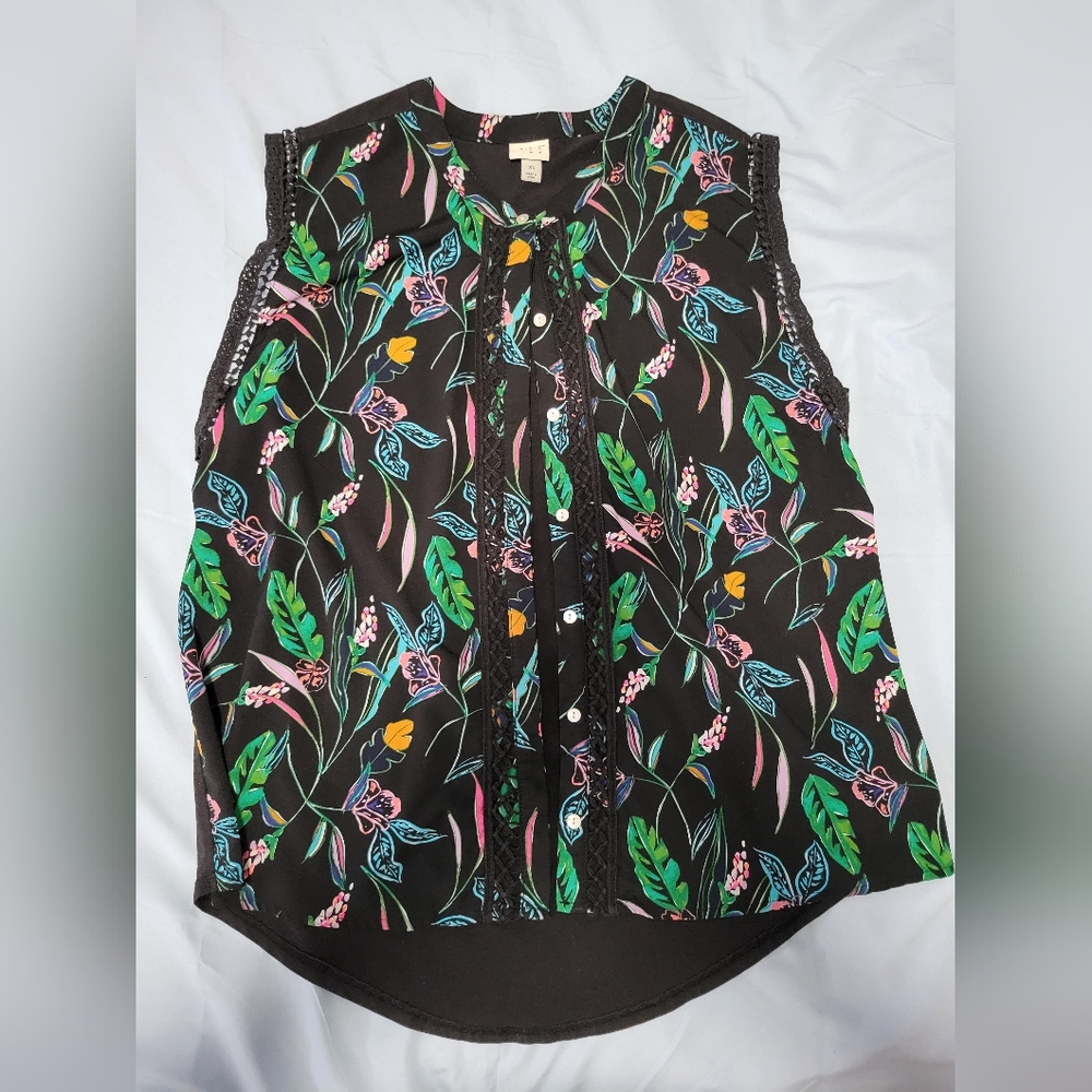 A New Day Button down tank black with floral tropical print XL